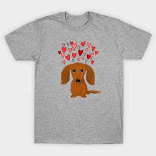 Cute Dog | Longhaired Red Dachshund with Hearts | Valentine's Day T-Shirt